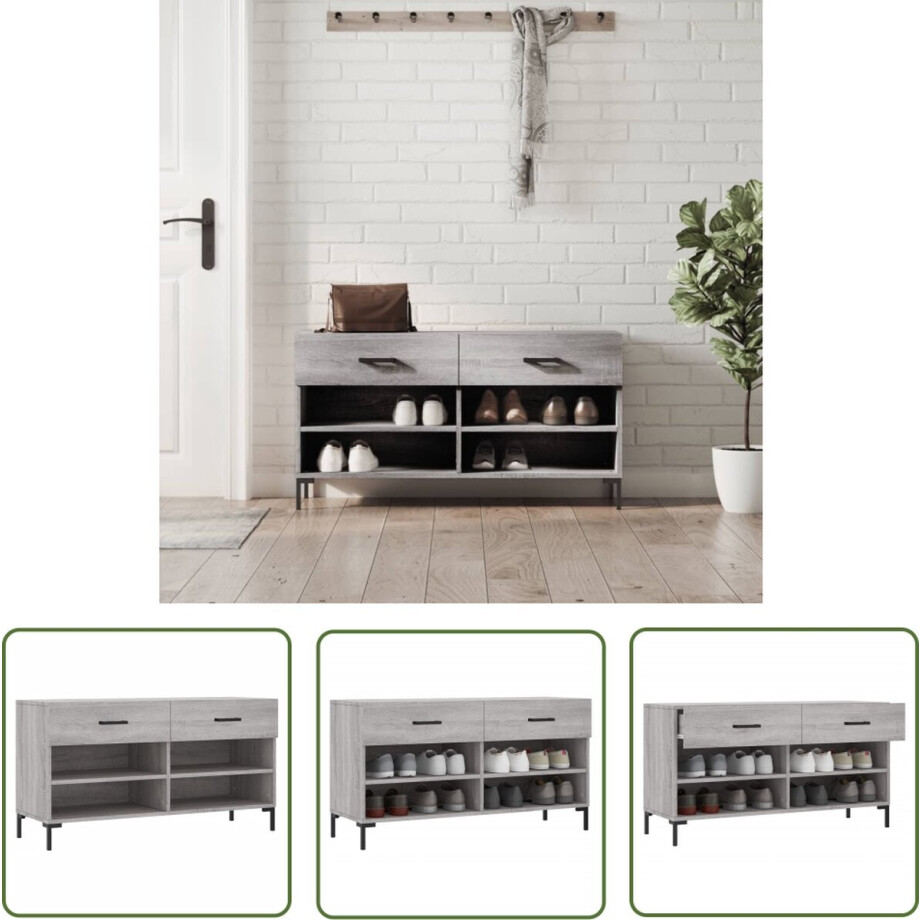 vidaXL Schoenuitlegger - Schoenenbank - Schoenenbank 102x35x55 cm bewerkt hout grijs sonoma eikenkleur - Houten Bank - Industrieel Design - Bergruimte vidaXL Schoenuitlegger - Schoenenbank - Schoenenbank 102x35x55 cm bewerkt hout grijs sonoma eikenkleur - Houten Bank - Industrieel Design - Bergruimte afbeelding 1