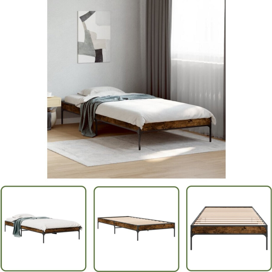 vidaXL Houten Bed - Bedframe - Bedframe bewerkt hout en metaal gerookt eikenkleurig 100x200 cm - Bruine Bed - Tweepersoonsbed - Boxspring Bed afbeelding 1