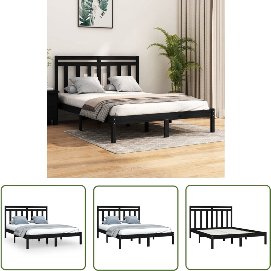 vidaXL Zwarte Bed - Massief Houten Bed - Bedframe massief hout zwart 140x190 cm - Tweepersoons Bed - King Size Bed - Boxspring Bed afbeelding 1