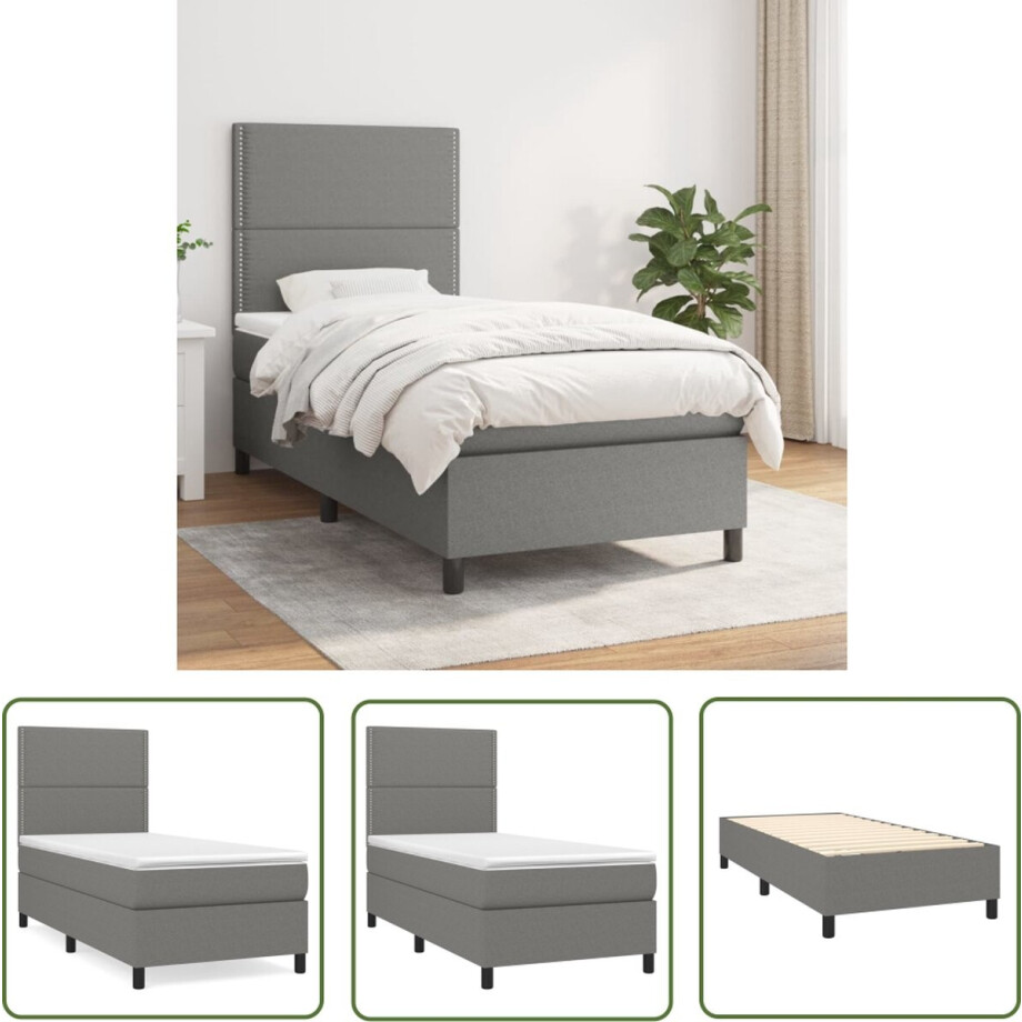 vidaXL Bed Frame - Boxspring - Boxspring met matras stof donkergrijs 100x200 cm - Donkere Kleuren - Tweepersoonsbed - Pocketed Spring Mattress afbeelding 1