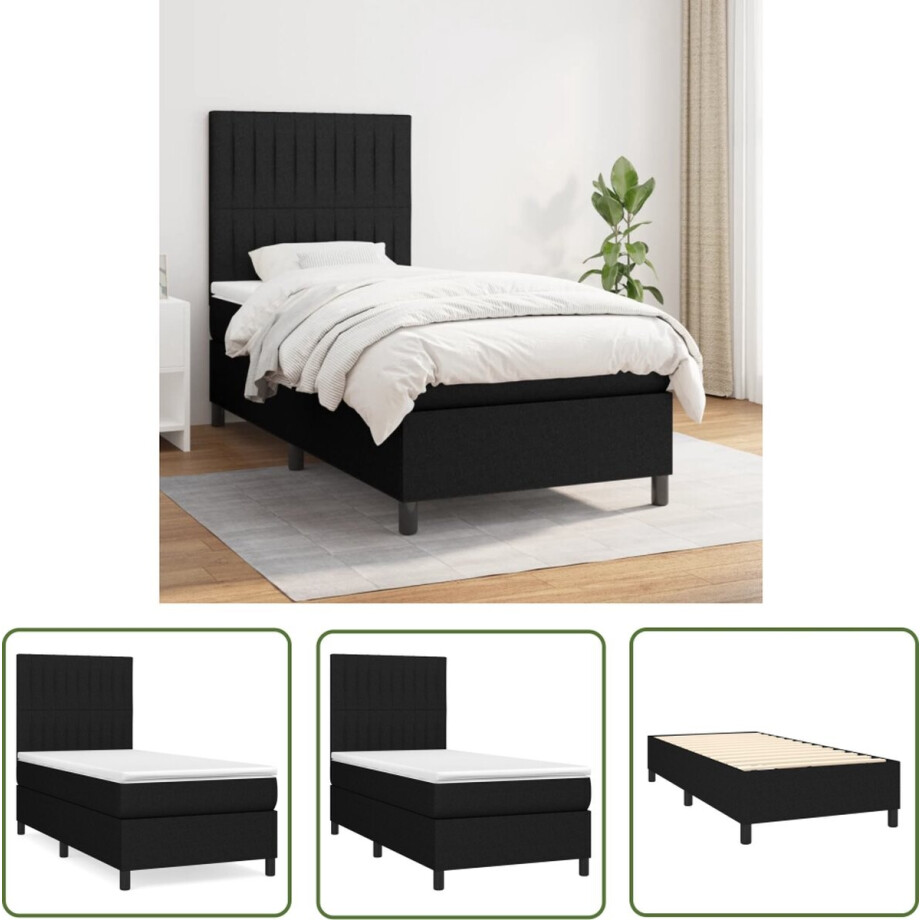 vidaXL Boxspring - Boxspringbed - Boxspring met matras stof zwart 90x200 cm - Bed - Slaapkamerinrichting - Tweepersoonsbed afbeelding 1