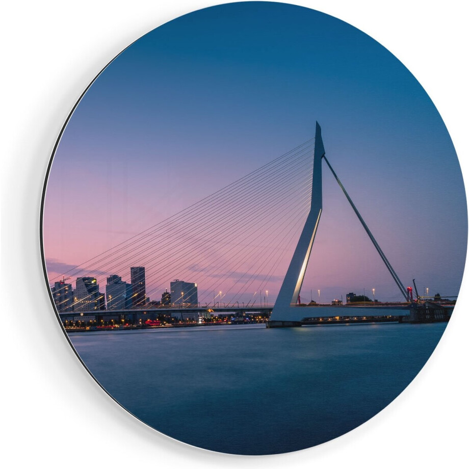 Artaza Dibond Muurcirkel Erasmusbrug In Rotterdam Met Zonsondergang - Ø 90 cm - Groot - Wandcirkel - Rond Schilderij - Voor Binnen en Buiten afbeelding 1