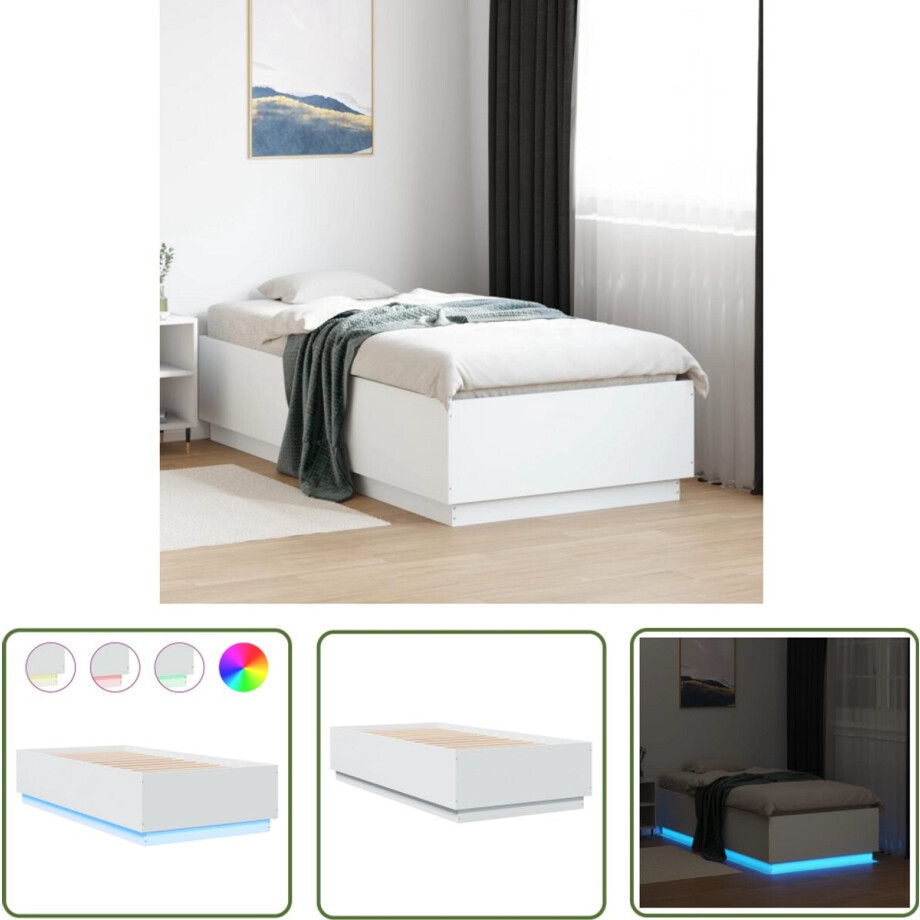 vidaXL Houten Bed - Bedframe - Bedframe met LED-verlichting bewerkt hout wit 75x190 cm - Led Bed - Slaapcomfort - Bedroom Decor afbeelding 1