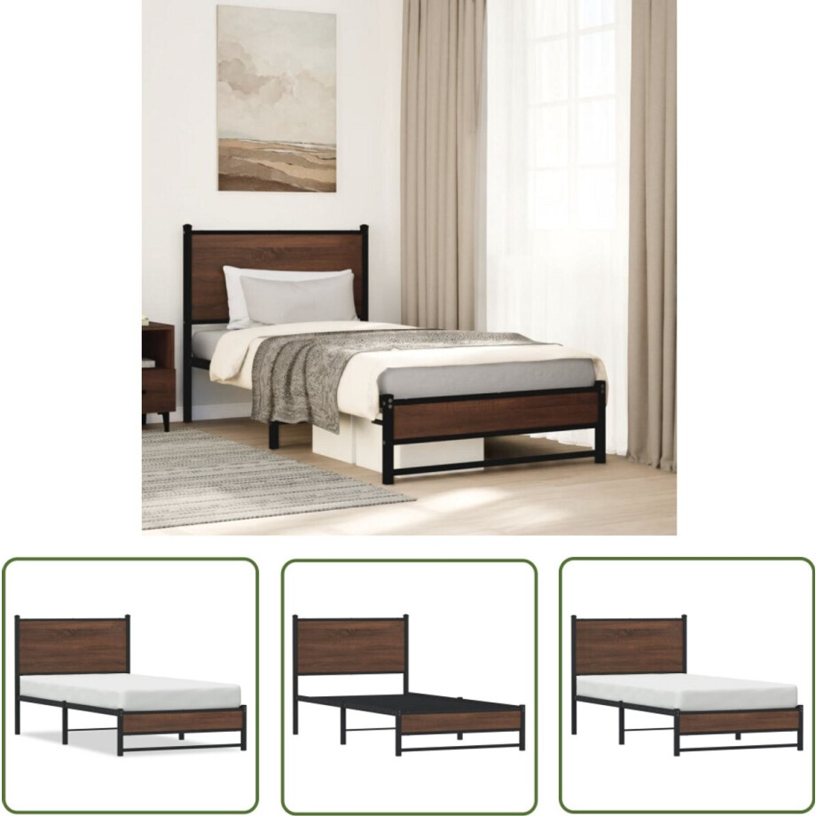 vidaXL Houten Bed - Bedframe - Bedframe zonder matras metaal bruin eikenkleurig 90x190 cm - Metalen Bed - Slaapkamervloerisolatie - Boxspring vidaXL Houten Bed - Bedframe - Bedframe zonder matras metaal bruin eikenkleurig 90x190 cm - Metalen Bed - Slaapkamervloerisolatie - Boxspring afbeelding 1