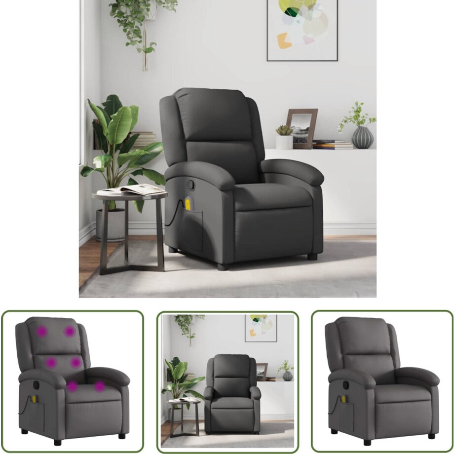 vidaXL Lederen Stoel - Massagestoel - Massagestoel echt leer grijs - Relaxfauteuil - Ergonomische Stoel - Lounge Stoel afbeelding 1
