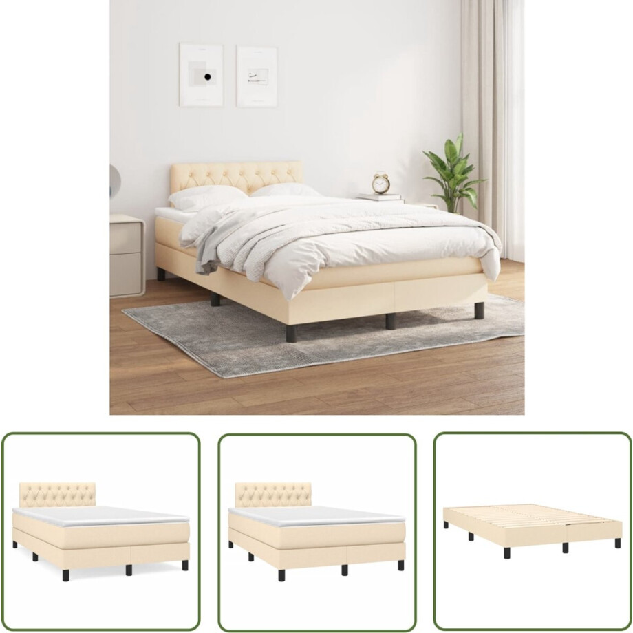 vidaXL Slaapcomfort - Boxspringbed - Boxspring met matras stof crèmekleurig 120x200 cm - Boxspring - Creme Kleurtje - Tweepersoon Bed afbeelding 1