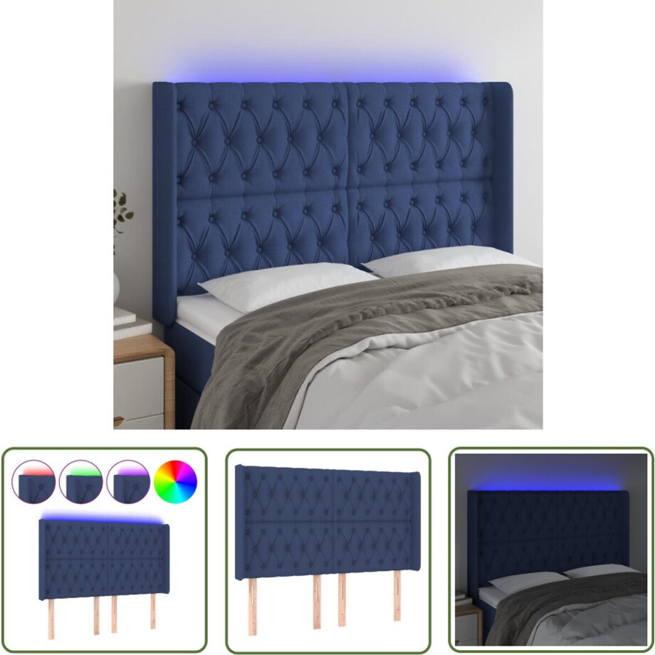 vidaXL Led Verlichting - Hoofd Bord - Hoofdbord LED 147x16x118/128 cm stof blauw - Hoofdbord Blauw - Slaapkamersdecoratie - Comfortabel Hoofdbord vidaXL Led Verlichting - Hoofd Bord - Hoofdbord LED 147x16x118/128 cm stof blauw - Hoofdbord Blauw - Slaapkamersdecoratie - Comfortabel Hoofdbord afbeelding 1