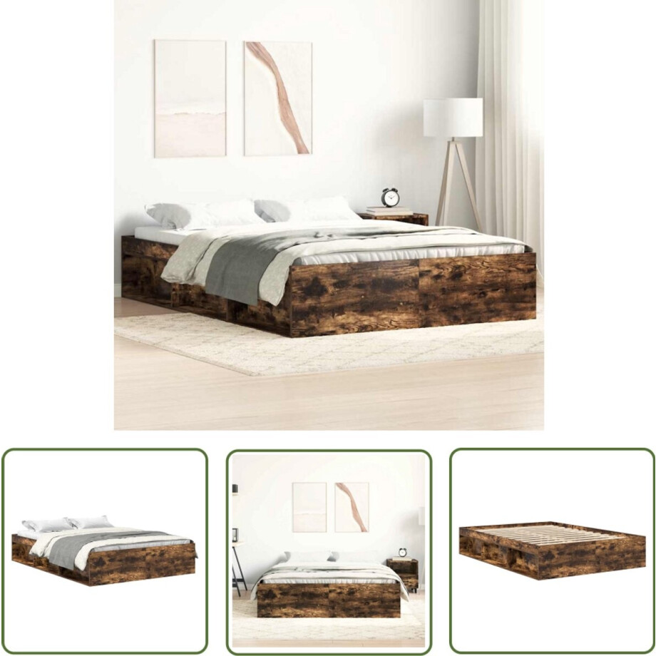 vidaXL Tweepersoons Bed - Houten Bed Frame - Bedframe gerookt eikenkleurig 140x200 cm - Gerookt Eiken - Bed Frame Met Lade - afbeelding 1