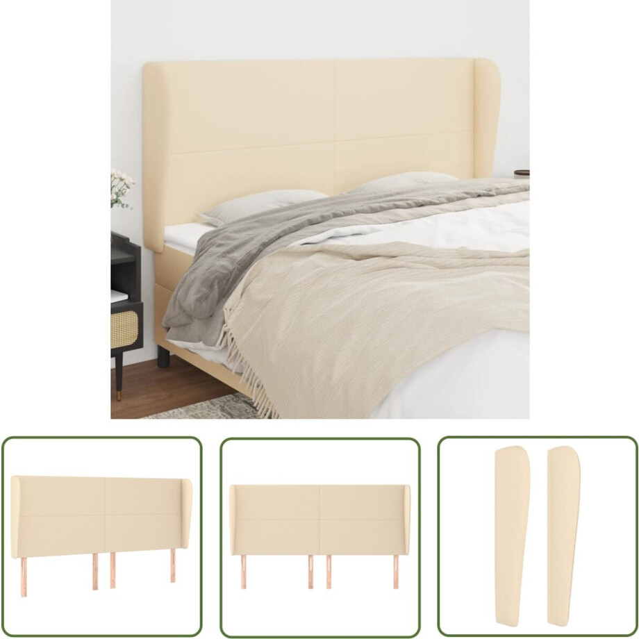 vidaXL Beddecoratie - Hoofd Bord - Hoofdbord met randen 163x23x118/128 cm stof crèmekleurig - Hoofdsteun - Creme Kleur - Stoffen Hoofdbord afbeelding 1