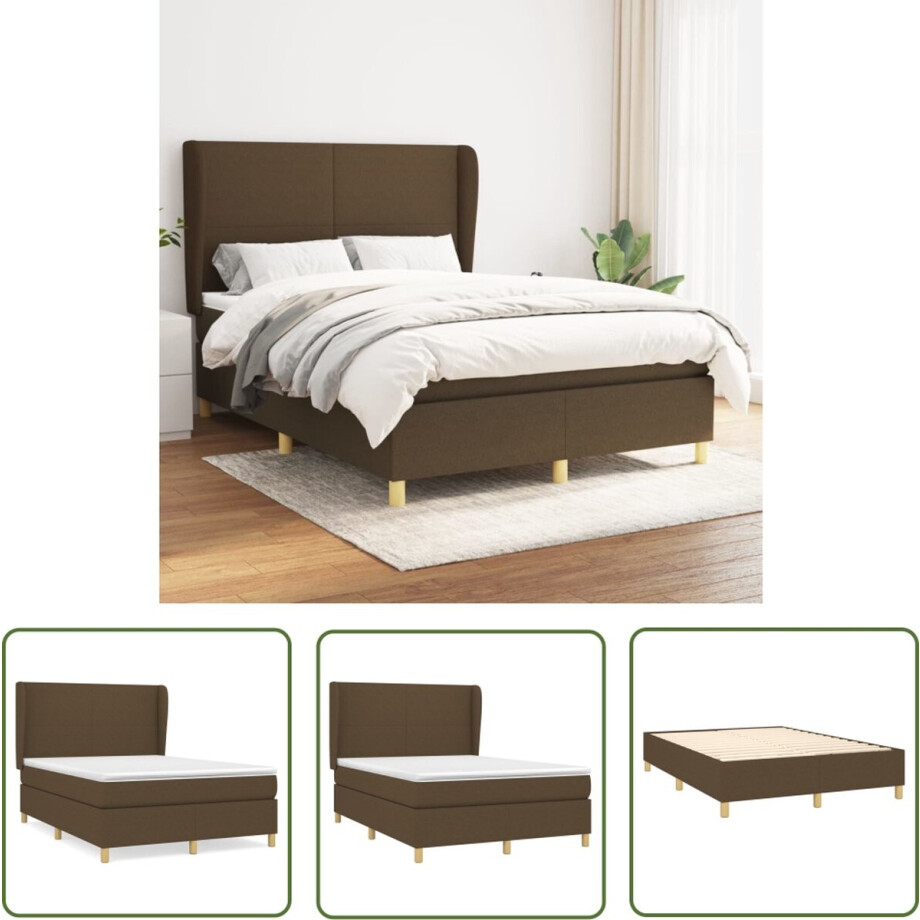 vidaXL Donkere Houten Meubels - Boxspringbed - Boxspring met matras stof donkerbruin 140x190 cm - Boxspring Frame - Tweepersoonsbed - Pocketed Spring Mattress afbeelding 1