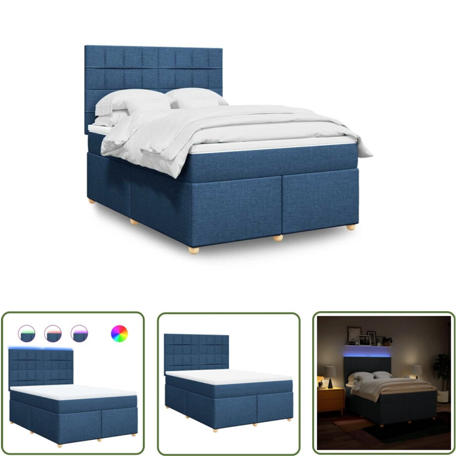 vidaXL Slaapcomfort - Boxspring - Boxspring met matras stof blauw 140x190 cm - Matras - Led Verlichting - Hoofdbord afbeelding 1