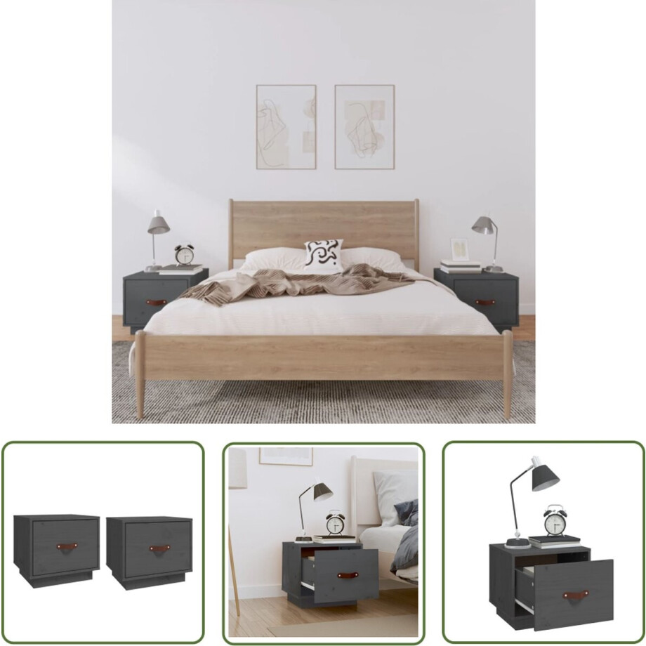 vidaXL Houten Meubilair - Nachtkastjes - Nachtkastjes 2 st 40x34x35 cm massief grenenhout grijs - Grenoble Hout - Grijze Meubels - Slaapkamers afbeelding 1