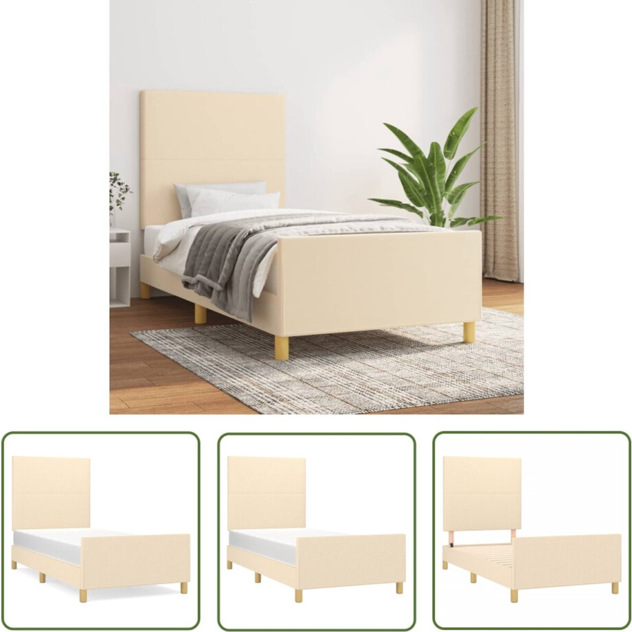 vidaXL Tweepersoons Bed - Bed Frame - Bedframe zonder matras 100x200 cm stof crèmekleurig - Crème Kleur - Houten Bed - Verstelbaar Hoofdkast afbeelding 1