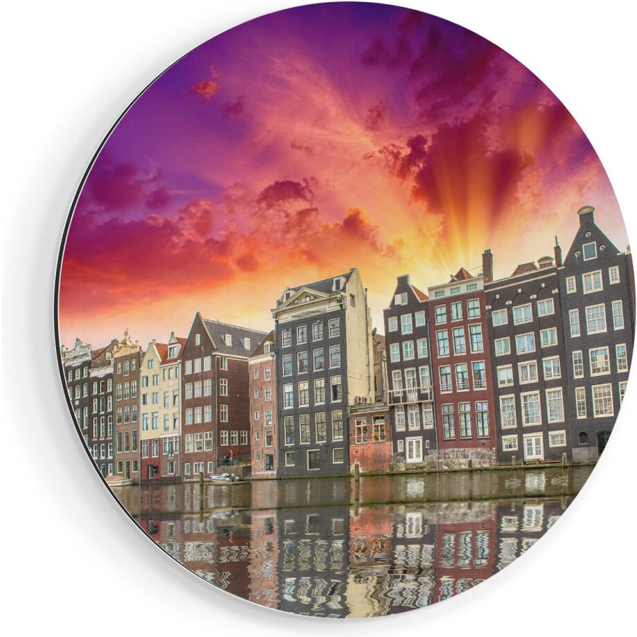 Artaza Dibond Muurcirkel Amsterdamse Huisjes Bij Het Kanaal - Kleur - Ø 40 cm - Klein - Wandcirkel - Rond Schilderij - Voor Binnen en Buiten afbeelding 1