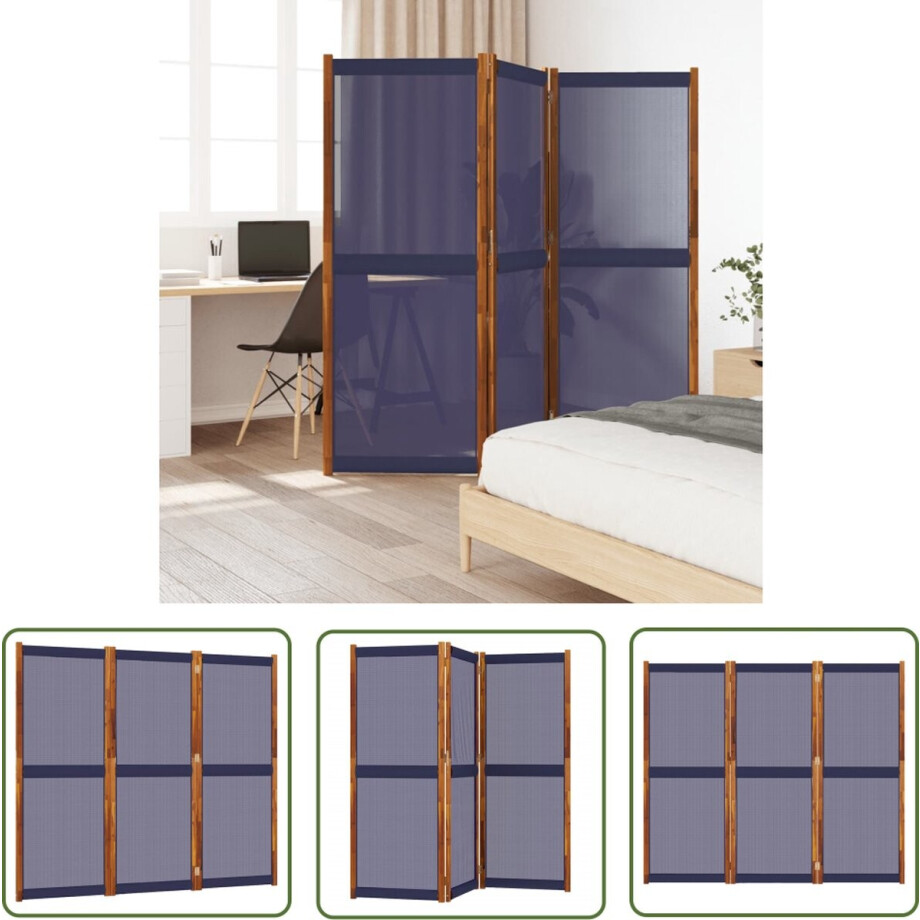 vidaXL Scheidingswand - Kamerscherm - Kamerscherm met 3 panelen 210x180 cm donkerblauw - Privacy Scherm - Interieurdecoratie - Acacia Hout afbeelding 1