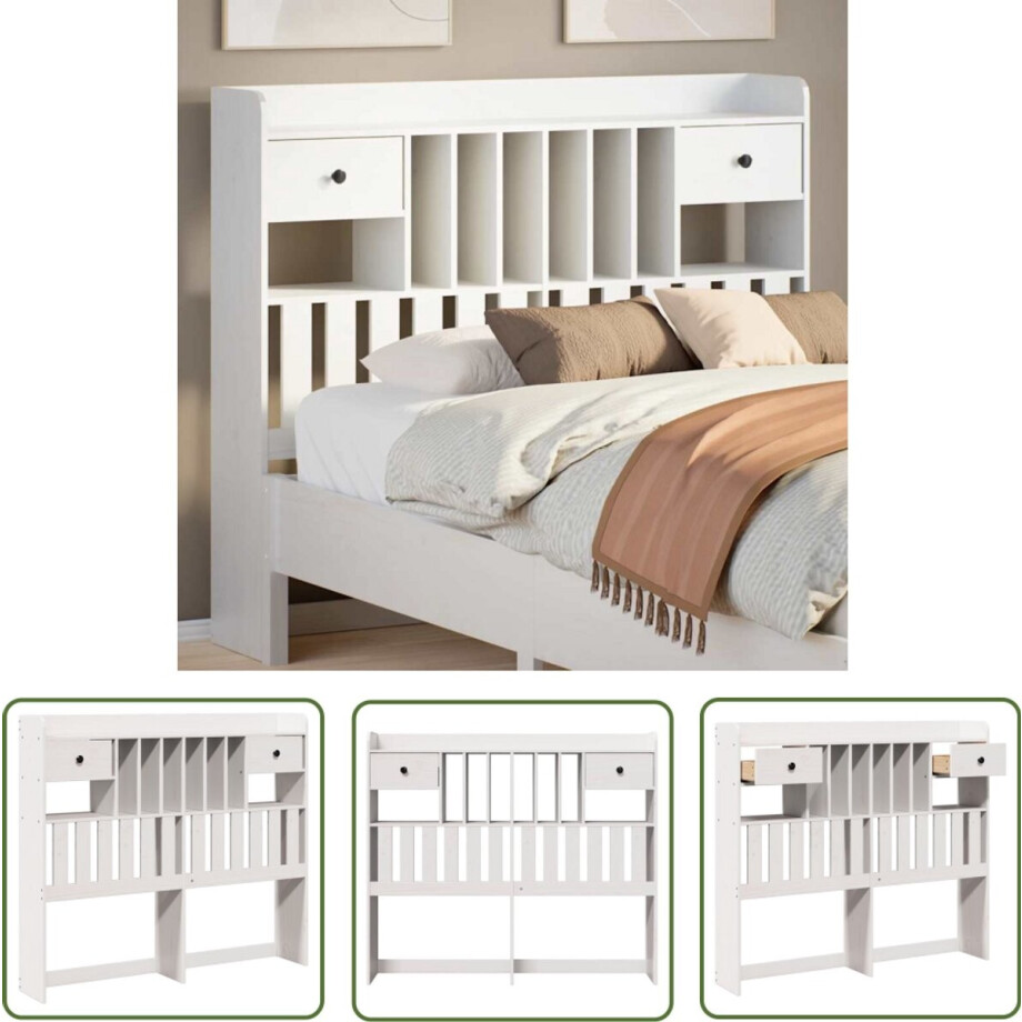 vidaXL Beddecoratie - Hoofdbord - Hoofdbord met opbergruimte 135 cm massief grenenhout wit - Houten Hoofdbord - Opberghoofd Bord - Slaapkamervak afbeelding 1