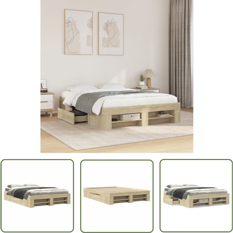 vidaXL Houten Bed - Bed Frame - Bedframe zonder matras hout sonoma eikenkleurig 140x190 cm - Bed Met Lades - Sonoma Eiken Kleur - Slaapkamers afbeelding 1