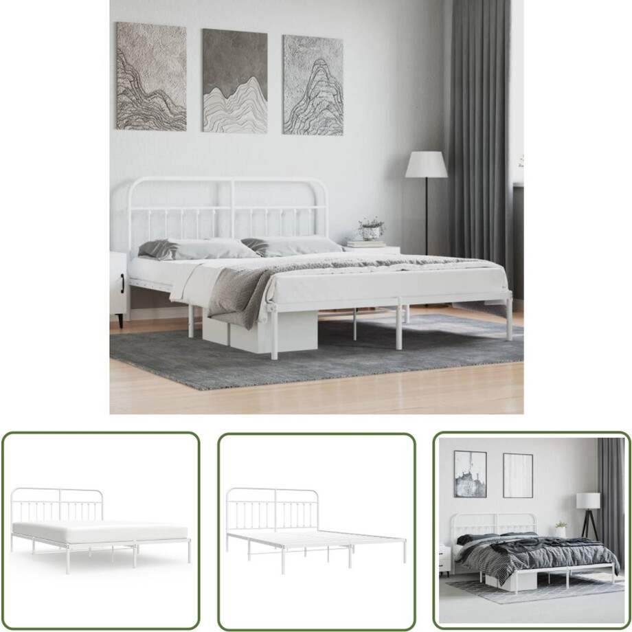 vidaXL Klassiek Bedframe - Robuust Bedframe - Bedframe met hoofdbord metaal wit 160x200 cm - Metalen Bedframe - Wit Bedframe - Boxspring Frame vidaXL Klassiek Bedframe - Robuust Bedframe - Bedframe met hoofdbord metaal wit 160x200 cm - Metalen Bedframe - Wit Bedframe - Boxspring Frame afbeelding 1