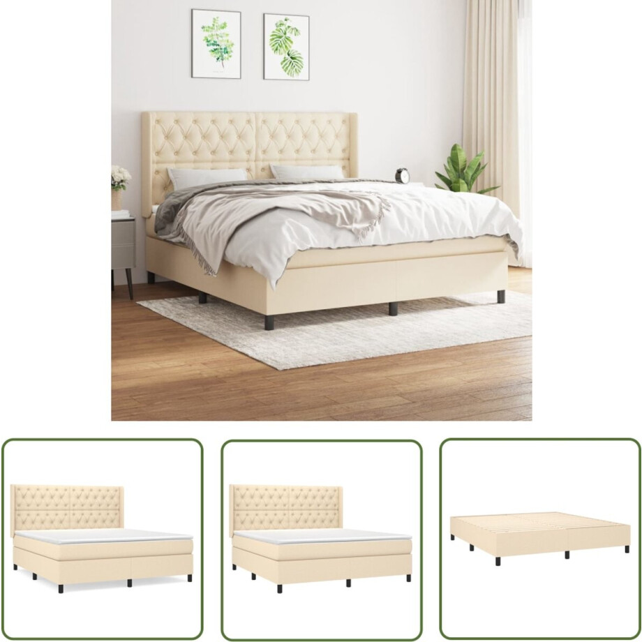 vidaXL Creme Kleurig - Boxspringbed - Boxspring met matras stof crèmekleurig 160x200 cm - Boxspring - Tweepersoonsbed - Pocketed Veren Matras afbeelding 1