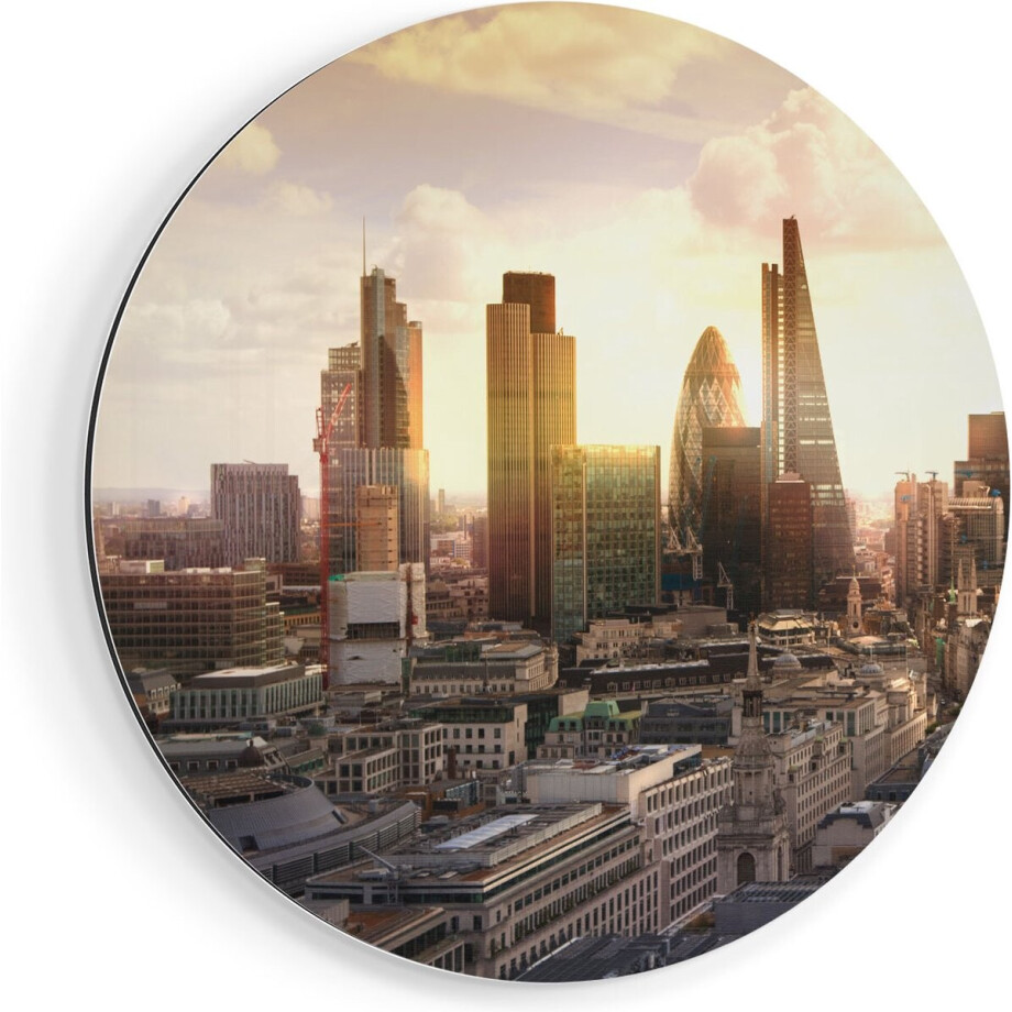 Artaza Dibond Muurcirkel Londen bij Zonsondergang in een Moderne Wijk - Ø 40 cm - Klein - Wandcirkel - Rond Schilderij - Voor Binnen en Buiten afbeelding 1