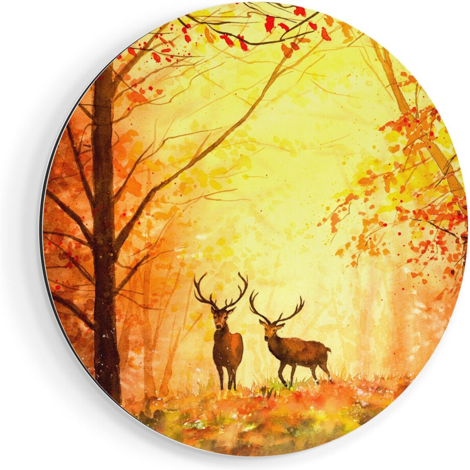 Artaza Dibond Muurcirkel Getekende Herten In Het Bos - Herfst - Ø 70 cm - Wandcirkel - Rond Schilderij - Voor Binnen en Buiten afbeelding 1