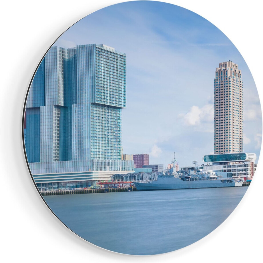 Artaza Dibond Muurcirkel Rotterdamse Skyline Aan Het Water - Ø 90 cm - Groot - Wandcirkel - Rond Schilderij - Voor Binnen en Buiten afbeelding 1