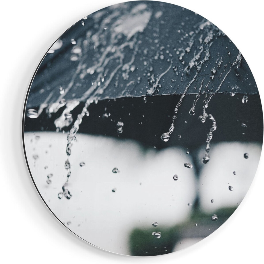Artaza Dibond Muurcirkel Zwarte Paraplu met Regen Druppels - Ø 70 cm - Wandcirkel - Rond Schilderij - Voor Binnen en Buiten afbeelding 1