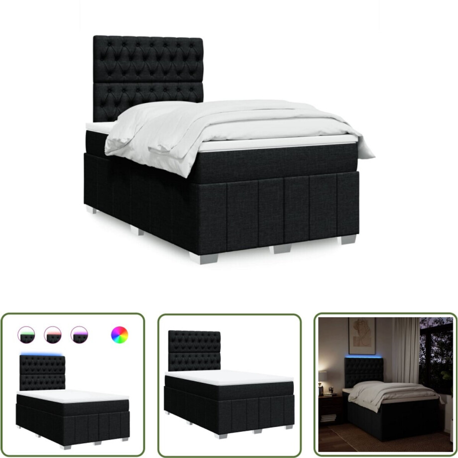 vidaXL Boxspringbed - Boxspring - Boxspring met matras stof zwart 120x200 cm - Led-lamp - Matras - Pocketvering afbeelding 1