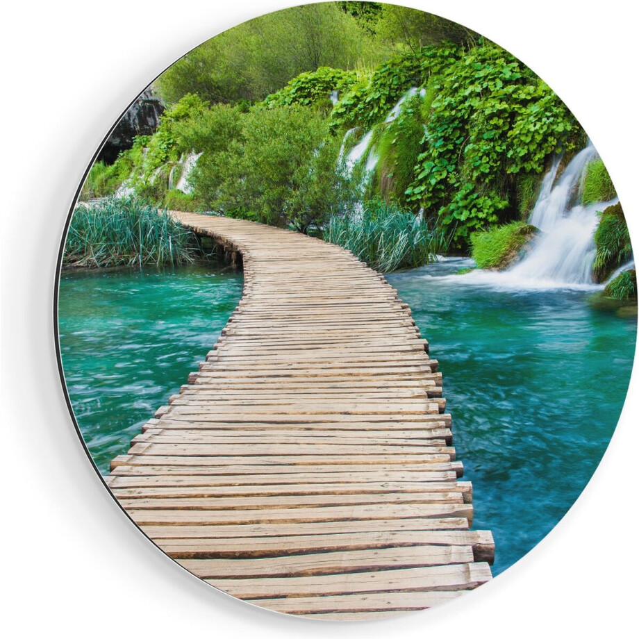 Artaza Dibond Muurcirkel - Houten Pad Op Het Water Bij De Watervallen - Ø 90 cm - Groot - Wandcirkel - Rond Schilderij - Voor Binnen en Buiten afbeelding 1