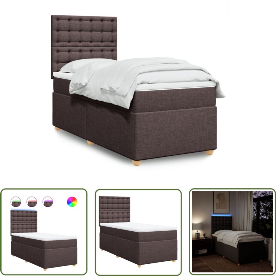 vidaXL Boxspringbed - Boxspring - Boxspring met matras stof donkerbruin 100x200 cm - Led Verlichting - Matras - Pocketveringmatras vidaXL Boxspringbed - Boxspring - Boxspring met matras stof donkerbruin 100x200 cm - Led Verlichting - Matras - Pocketveringmatras afbeelding 1