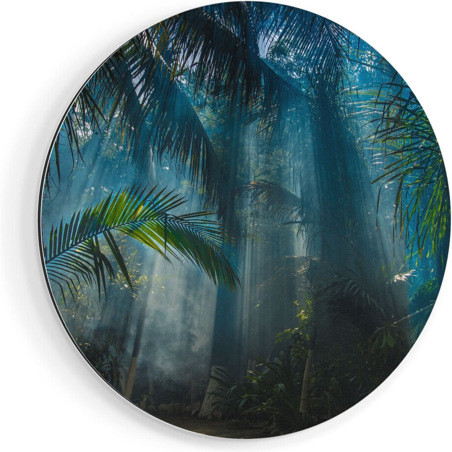 Artaza Dibond Muurcirkel Dichtbegroeide Jungle Met Zonnestralen  - Ø 90 cm - Groot - Wandcirkel - Rond Schilderij - Voor Binnen en Buiten afbeelding 1