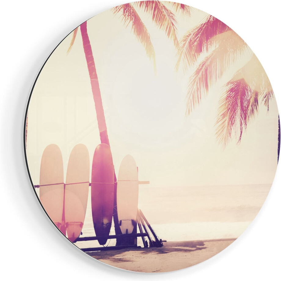 Artaza Dibond Muurcirkel Tropisch Strand Met Surfborden - Ø 40 cm - Klein - Wandcirkel - Rond Schilderij - Voor Binnen en Buiten afbeelding 1