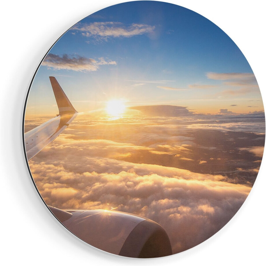 Artaza Dibond Muurcirkel - Vliegtuig In De Lucht Met De Zon - Ø 90 cm - Groot - Wandcirkel - Rond Schilderij - Voor Binnen en Buiten afbeelding 1
