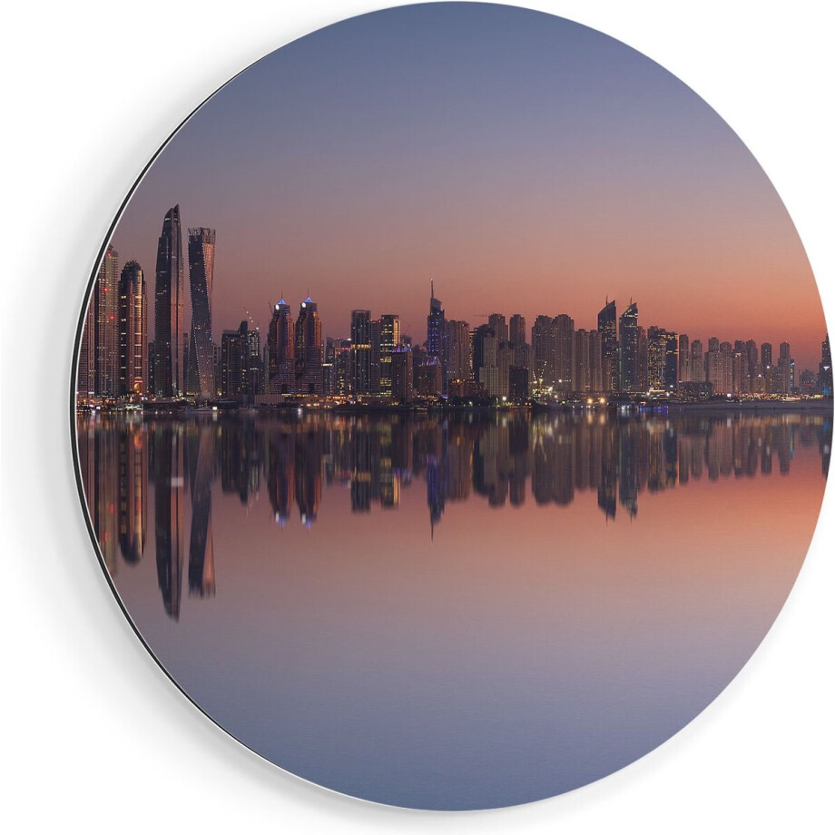 Artaza Dibond Muurcirkel Skyline Dubai Stad bij Zonsondergang - Ø 60 cm - Wandcirkel - Rond Schilderij - Voor Binnen en Buiten afbeelding 1