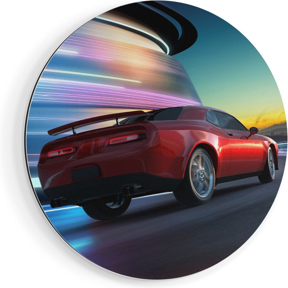 Artaza Dibond Muurcirkel Rode Sportwagen Auto In De Stad - Ø 60 cm - Wandcirkel - Rond Schilderij - Voor Binnen en Buiten afbeelding 1