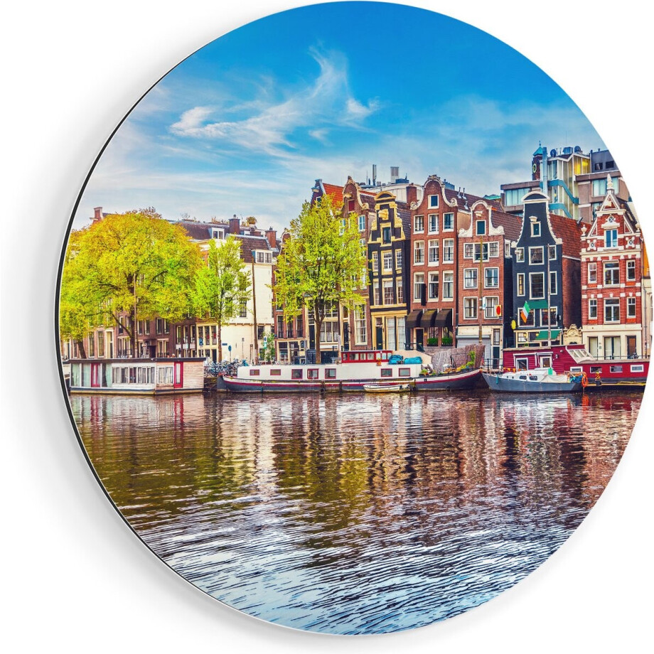 Artaza Dibond Muurcirkel Amsterdamse Huisjes Aan Het Water - Ø 40 cm - Klein - Wandcirkel - Rond Schilderij - Voor Binnen en Buiten afbeelding 1