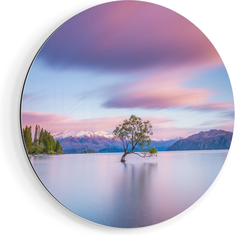 Artaza Dibond Muurcirkel Wanaka Boom In Het Water Bij Zonsopgang - Ø 40 cm - Klein - Wandcirkel - Rond Schilderij - Voor Binnen en Buiten afbeelding 1