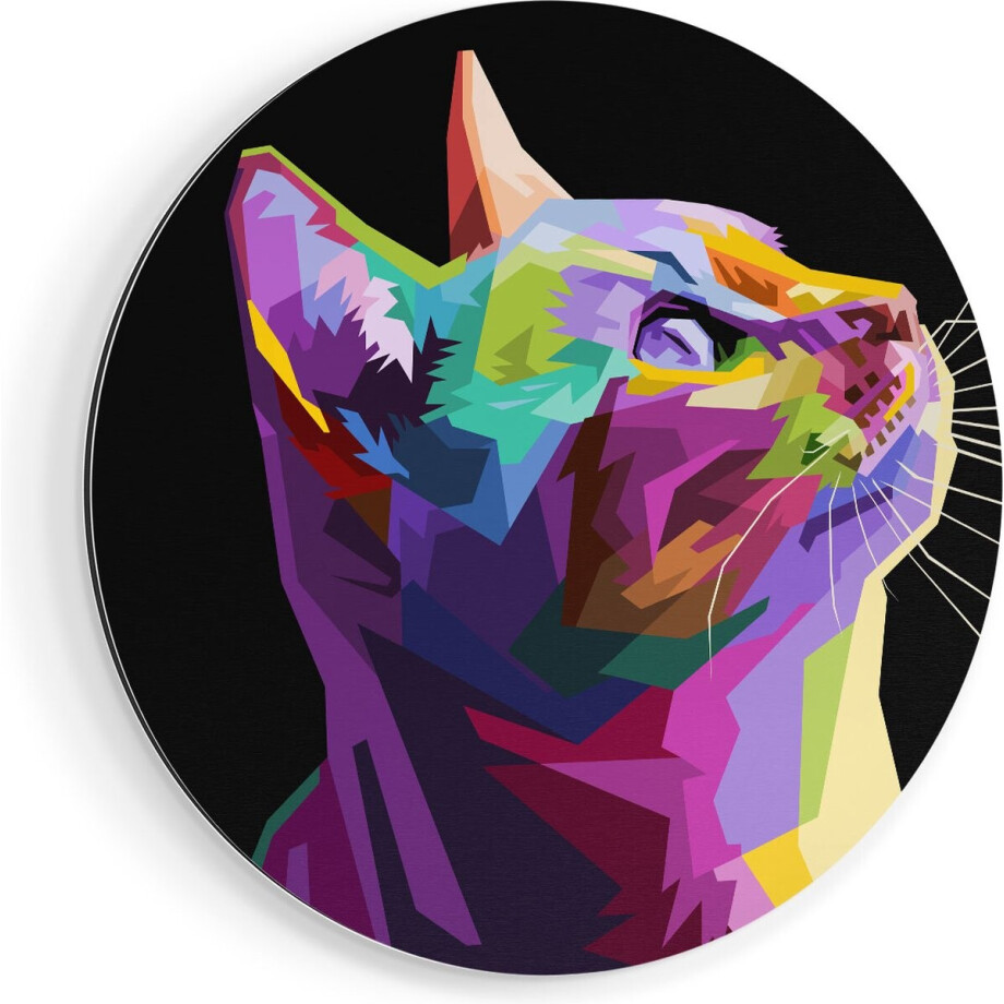 Artaza Dibond Muurcirkel Kleurrijke Kat Kijkt Naar Boven - Abstract - Ø 80 cm - Groot - Wandcirkel - Rond Schilderij - Voor Binnen en Buiten afbeelding 1