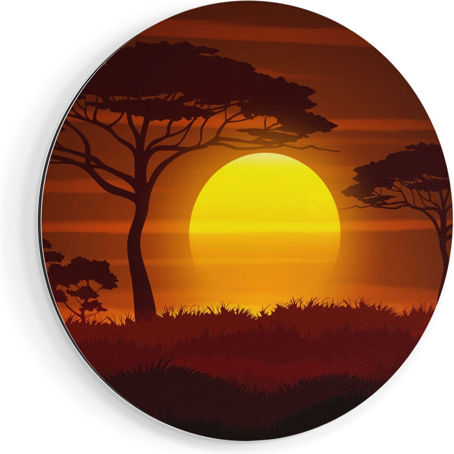 Artaza Dibond Muurcirkel Zonsondergang In De Savanne - Abstract - Ø 90 cm - Groot - Wandcirkel - Rond Schilderij - Voor Binnen en Buiten afbeelding 1