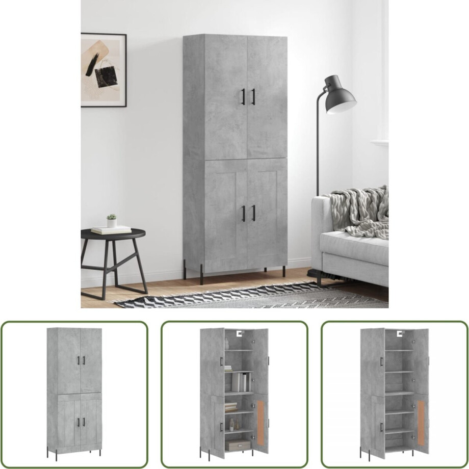 The Living Store Massief Houten Hoge Kast - Betongrijs - 69.5 x 34 x 180 cm - Duurzaam materiaal afbeelding 1