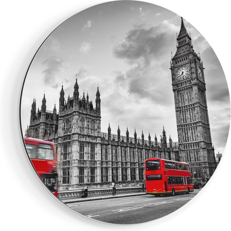 Artaza Dibond Muurcirkel Rode Bussen in Londen - Retro - Ø 60 cm - Wandcirkel - Rond Schilderij - Voor Binnen en Buiten afbeelding 1