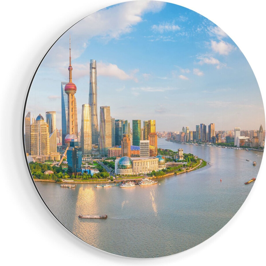 Artaza Dibond Muurcirkel Skyline Shanghai Stad in China - Ø 70 cm - Wandcirkel - Rond Schilderij - Voor Binnen en Buiten afbeelding 1