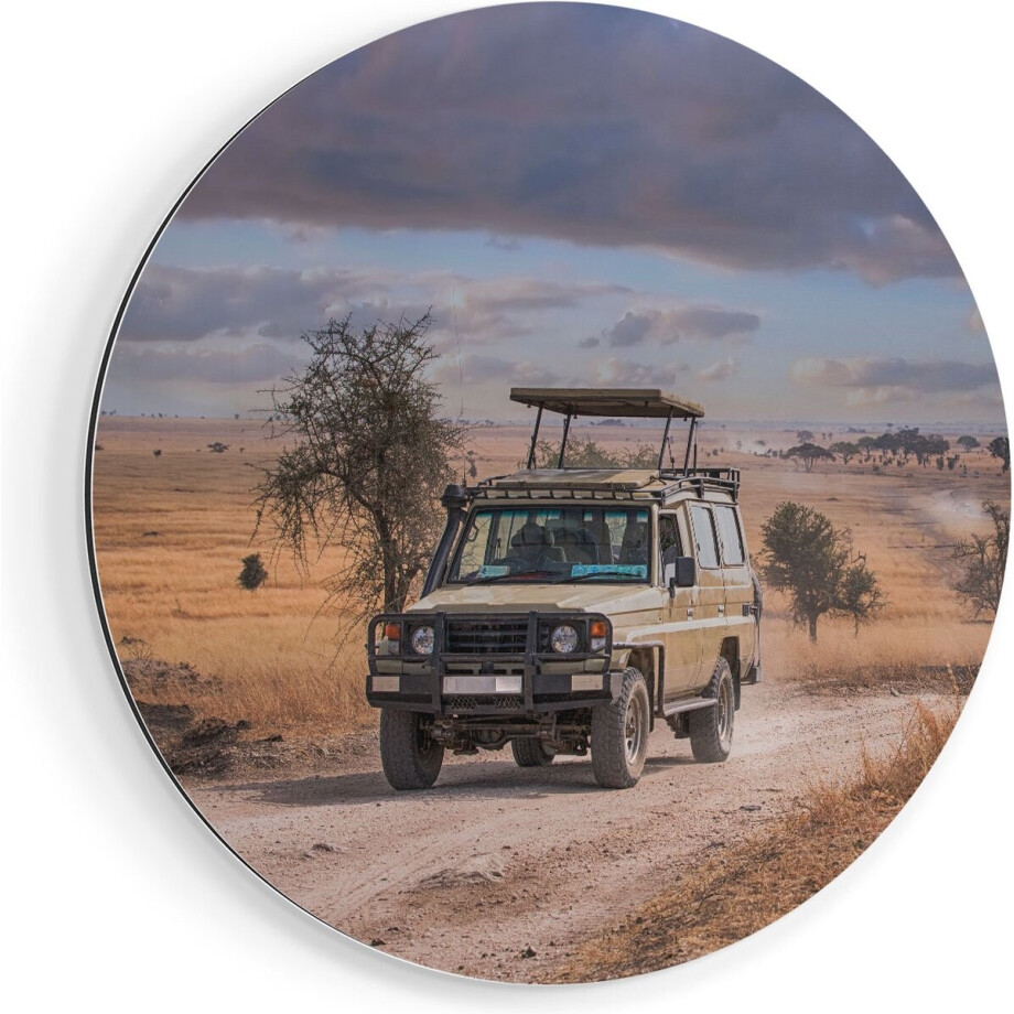 Artaza Dibond Muurcirkel Safari Auto in de Savanne - Ø 80 cm - Groot - Wandcirkel - Rond Schilderij - Voor Binnen en Buiten afbeelding 1