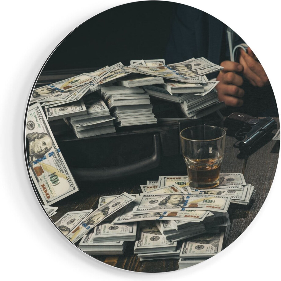 Artaza Dibond Muurcirkel Dollar Geld Briefjes Op Tafel Van De Maffia - Ø 90 cm - Groot - Wandcirkel - Rond Schilderij - Voor Binnen en Buiten afbeelding 1