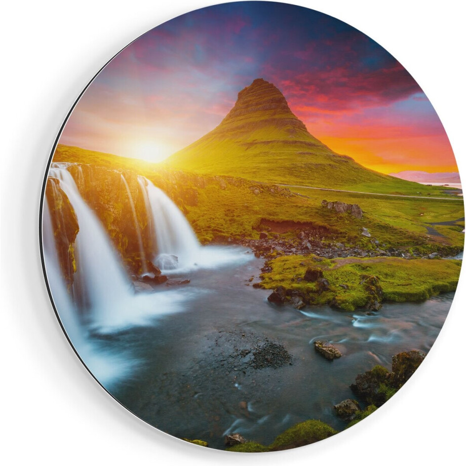 Artaza Dibond Muurcirkel Waterval Bij Een Vulkaan Met Zonsondergang - Ø 60 cm - Wandcirkel - Rond Schilderij - Voor Binnen en Buiten afbeelding 1