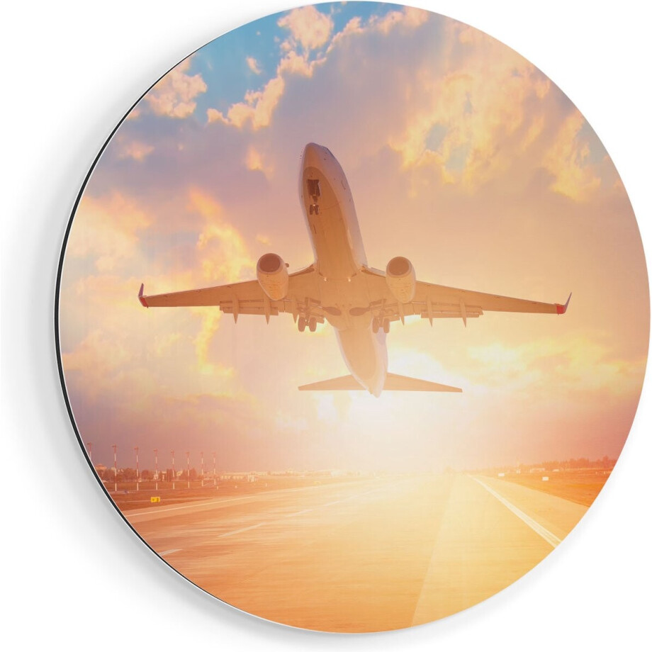 Artaza Dibond Muurcirkel Vliegtuig Stijgt Op Het Landingsbaan Met Zon - Ø 60 cm - Wandcirkel - Rond Schilderij - Voor Binnen en Buiten afbeelding 1