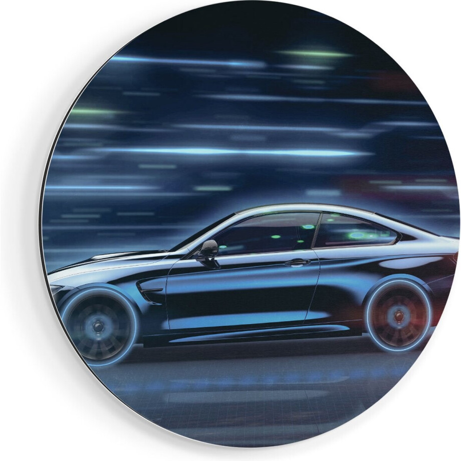 Artaza Dibond Muurcirkel Zwarte Sportwagen Auto - Ø 40 cm - Klein - Wandcirkel - Rond Schilderij - Voor Binnen en Buiten afbeelding 1