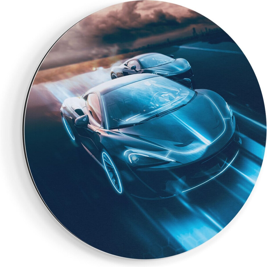 Artaza Dibond Muurcirkel Twee Raceauto's - Abstract - Ø 40 cm - Klein - Wandcirkel - Rond Schilderij - Voor Binnen en Buiten afbeelding 1
