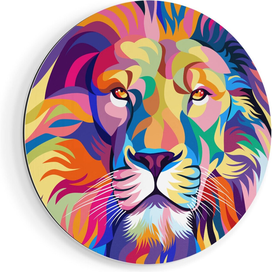 Artaza Dibond Muurcirkel Gekleurde Leeuw - Leeuwenkop - Abstract - Ø 60 cm - Wandcirkel - Rond Schilderij - Voor Binnen en Buiten afbeelding 1