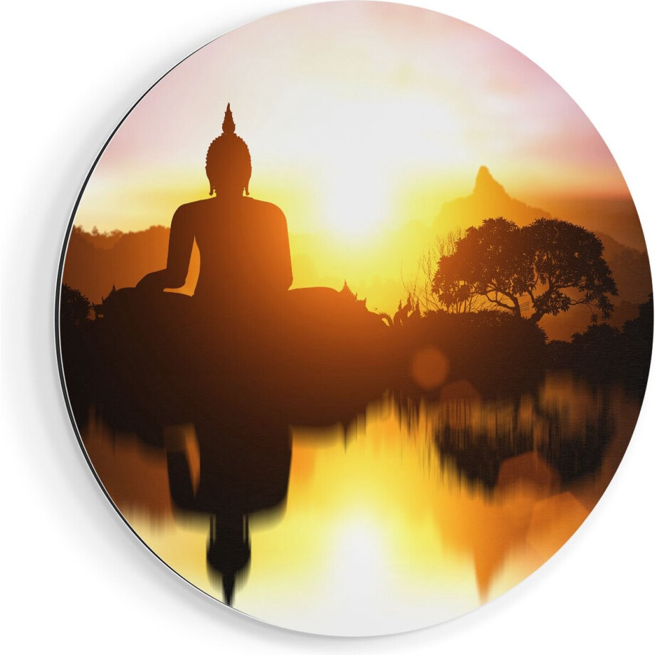 Artaza Dibond Muurcirkel Silhouet Van Boeddha Beeld Met Zonsondergang - Ø 90 cm - Groot - Wandcirkel - Rond Schilderij - Voor Binnen en Buiten afbeelding 1